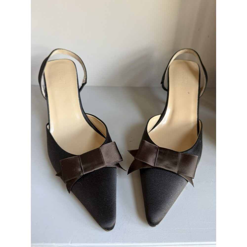J Crew Satin Sling Back Kitten Heels Brown Bow 9.5 - Picture 2 of 8